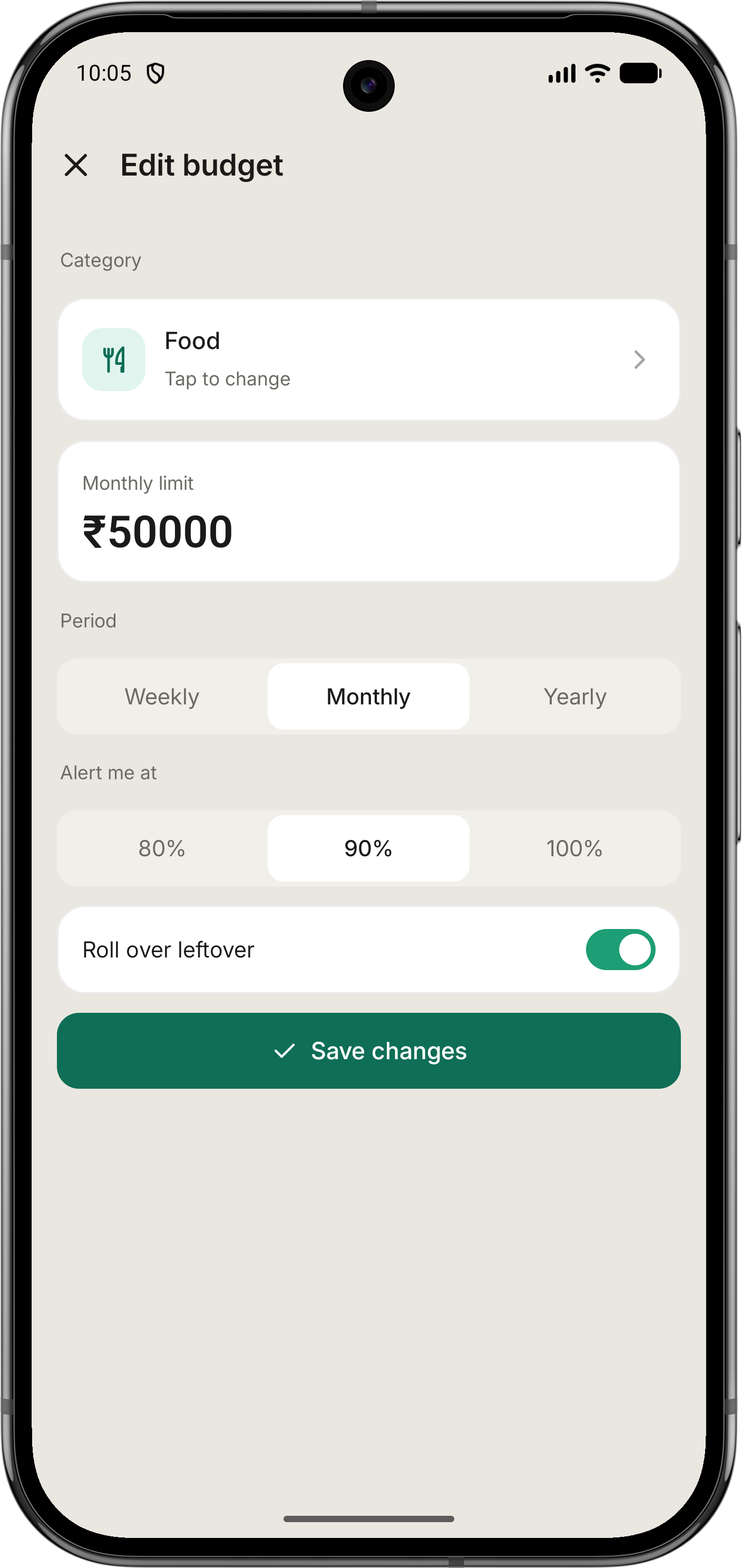 Editing a monthly food budget with alerts