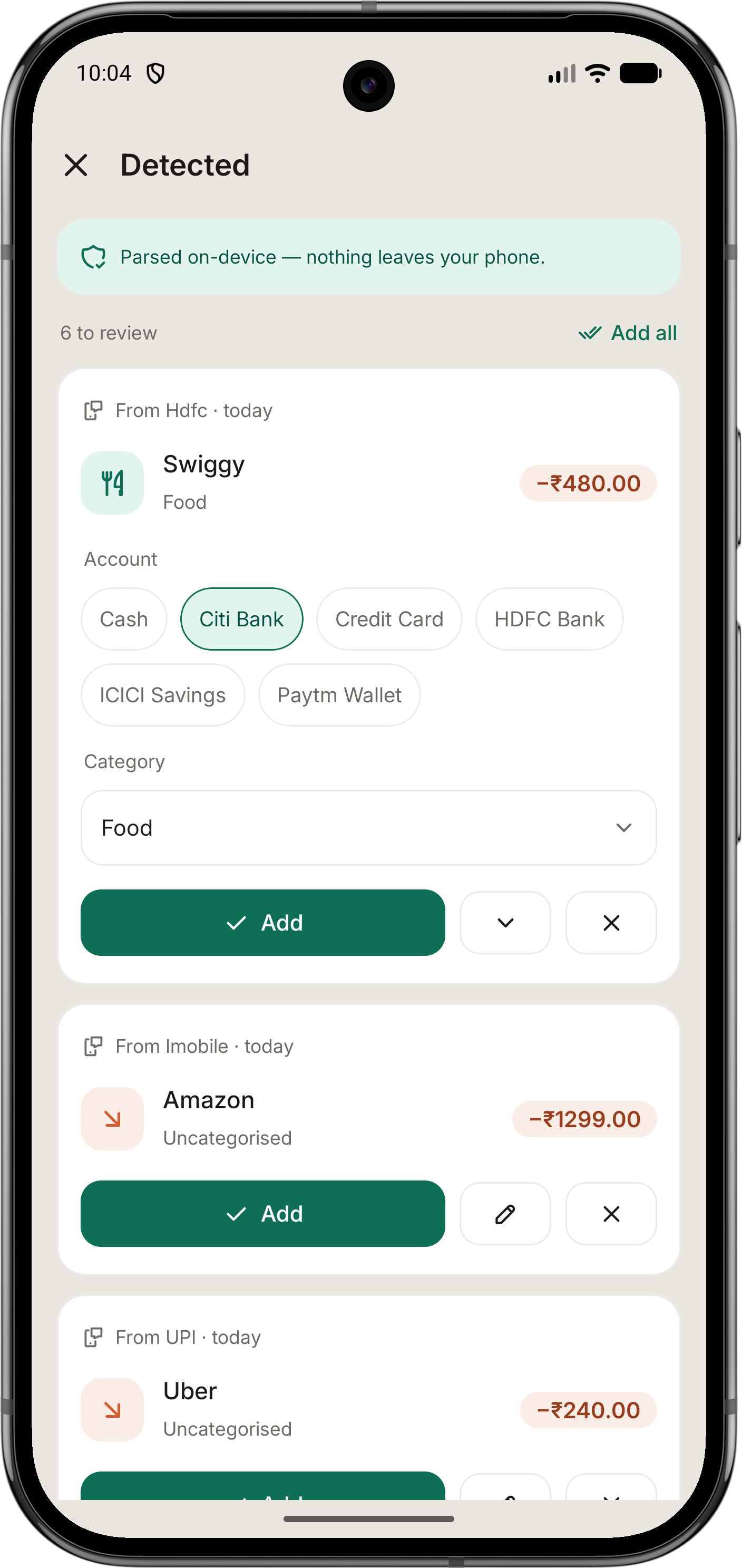 Assigning an account and category to a detected transaction